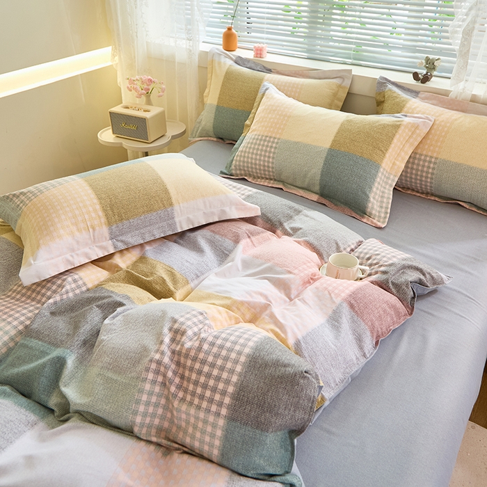 91家纺网 家纺一手货源 找家纺 牧笛缘家纺 2024新款全棉磨毛单被套 方格恋曲