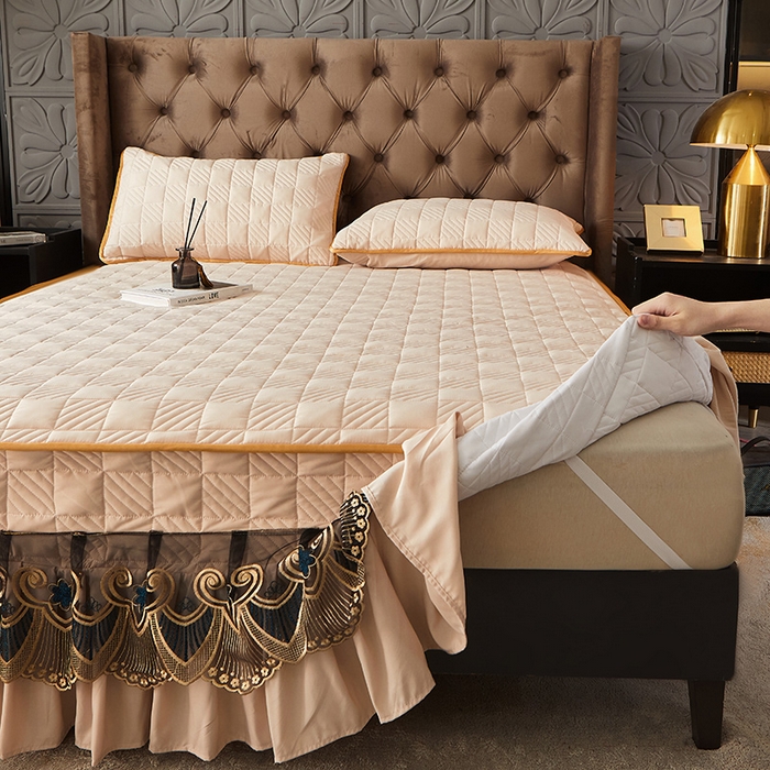 91家纺网 家纺一手货源 找家纺 锦逸家居 2024新款加厚磨毛轻奢夹棉床裙床笠三件套系列 佳人-奶茶色