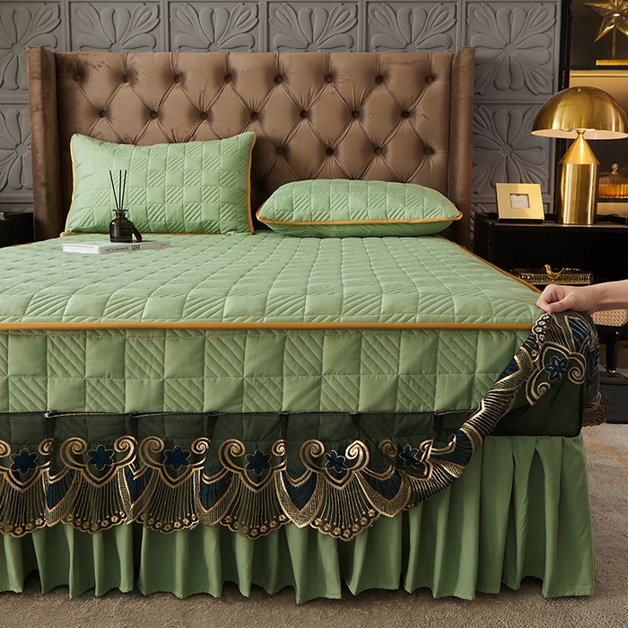 91家纺网 家纺一手货源 找家纺 锦逸家居 2024新款加厚磨毛轻奢夹棉床裙床笠三件套系列 佳人-抹茶绿