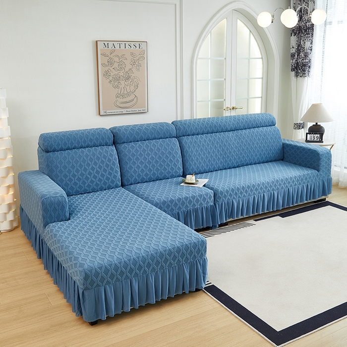 91家纺网 家纺一手货源 找家纺 2024新款加厚高弹拉花绒全包防尘沙发套罩-菱形格系列 水蓝