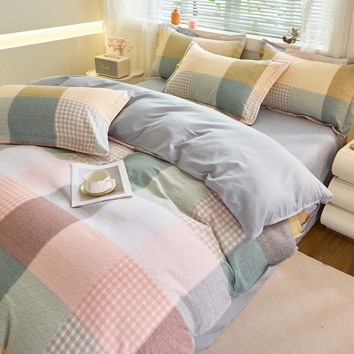 91家纺网 家纺一手货源 找家纺 牧笛缘家纺 2024新款全棉磨毛单被套 方格恋曲