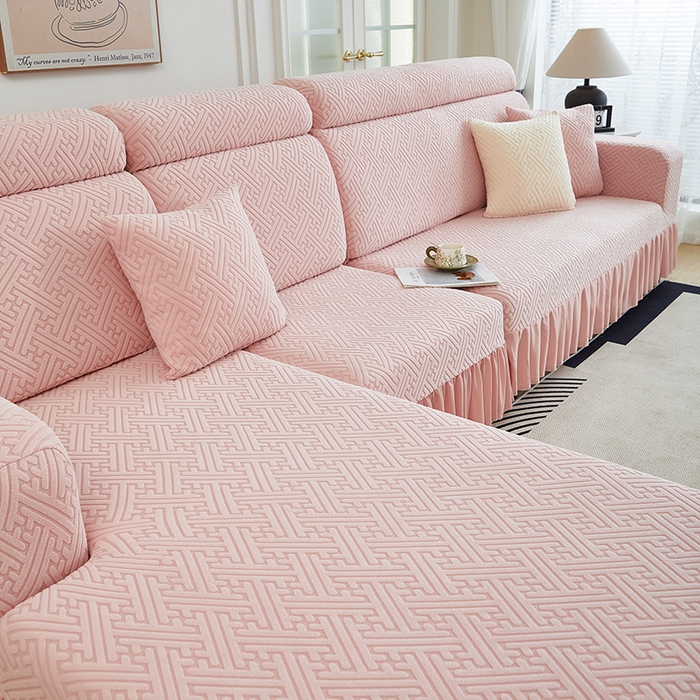 91家纺网 家纺一手货源 找家纺 2024新款加厚高弹拉花绒全包防尘沙发套罩-清韵系列 藕粉