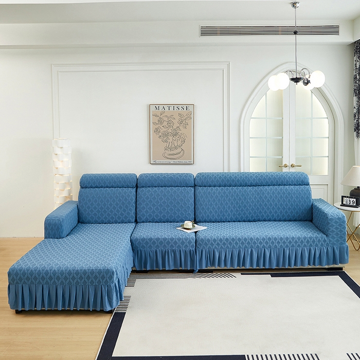91家纺网 家纺一手货源 找家纺 2024新款加厚高弹拉花绒全包防尘沙发套罩-菱形格系列 水蓝
