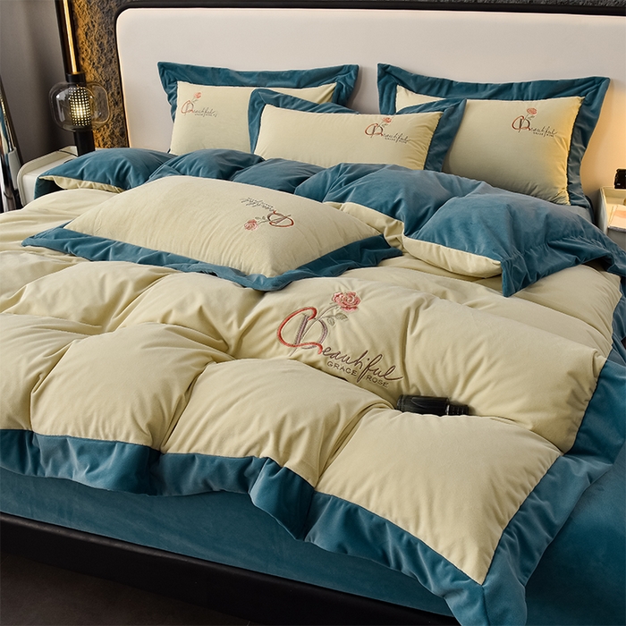 91家纺网 家纺一手货源 找家纺 2024新款加厚保暖A类婴儿绒四件套-朵拉系列 朵拉-牛油果绿+深湖绿