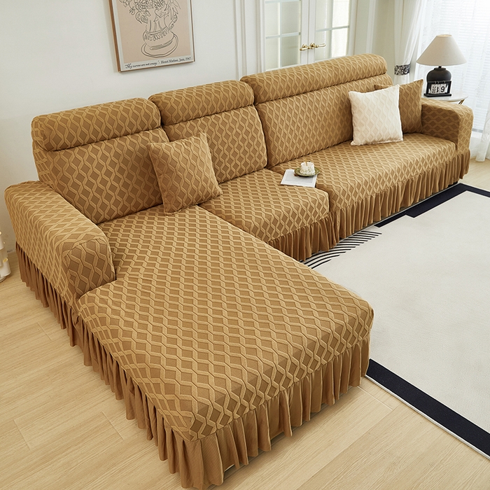 91家纺网 家纺一手货源 找家纺 2024新款加厚高弹拉花绒全包防尘沙发套罩-菱形格系列 咖色