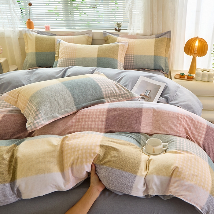 91家纺网 家纺一手货源 找家纺 牧笛缘家纺 2024新款全棉磨毛单被套 方格恋曲