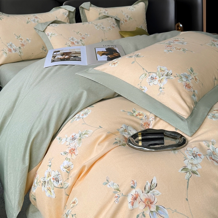 91家纺网 家纺一手货源 找家纺 朵希曼 2026新款全棉大宽边拼角磨毛四件套 朵缇桔