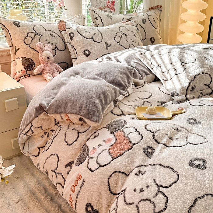 91家纺网 家纺一手货源 找家纺 妖妖家纺 2024新款加厚雪花绒印花单品三件套四件套 软萌狗狗