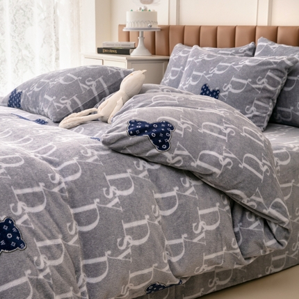 乐居坊 2024新款高克重牛奶绒印花保暖四件套 银座-灰