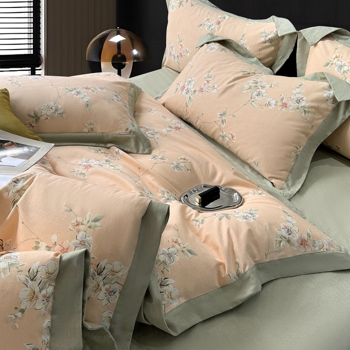 91家纺网 家纺一手货源 找家纺 朵希曼 2026新款全棉大宽边拼角磨毛四件套 朵缇桔