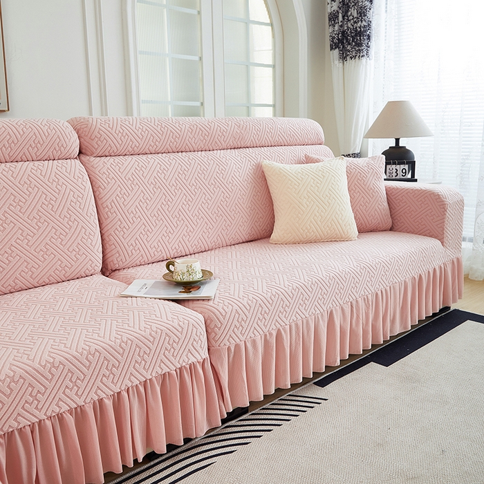 91家纺网 家纺一手货源 找家纺 2024新款加厚高弹拉花绒全包防尘沙发套罩-清韵系列 藕粉