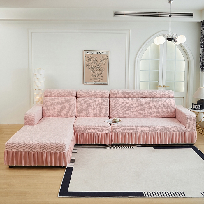 91家纺网 家纺一手货源 找家纺 2024新款加厚高弹拉花绒全包防尘沙发套罩-清韵系列 藕粉