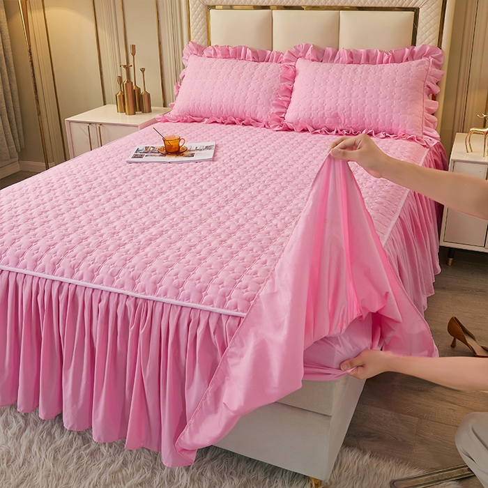 91家纺网 家纺一手货源 找家纺 锦逸家居 2024新款可拆卸包边夹棉磨毛花边两用床裙床笠两用-优雅 优雅-樱花粉