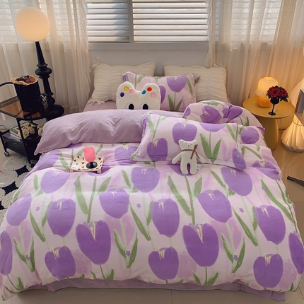 91家纺网 家纺一手货源 找家纺 莱豫家纺 2024新款牛奶绒印花四件套 郁金香紫