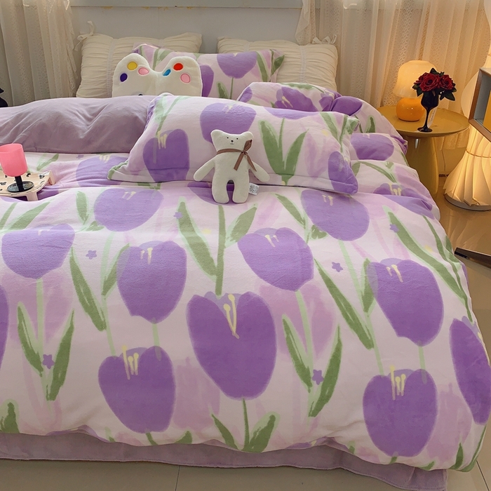 91家纺网 家纺一手货源 找家纺 莱豫家纺 2024新款牛奶绒印花四件套 郁金香紫