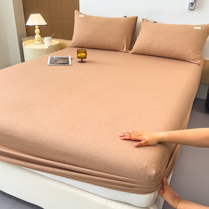 铭宣家居 2024新款全棉色织磨毛床笠三件套 米咖色