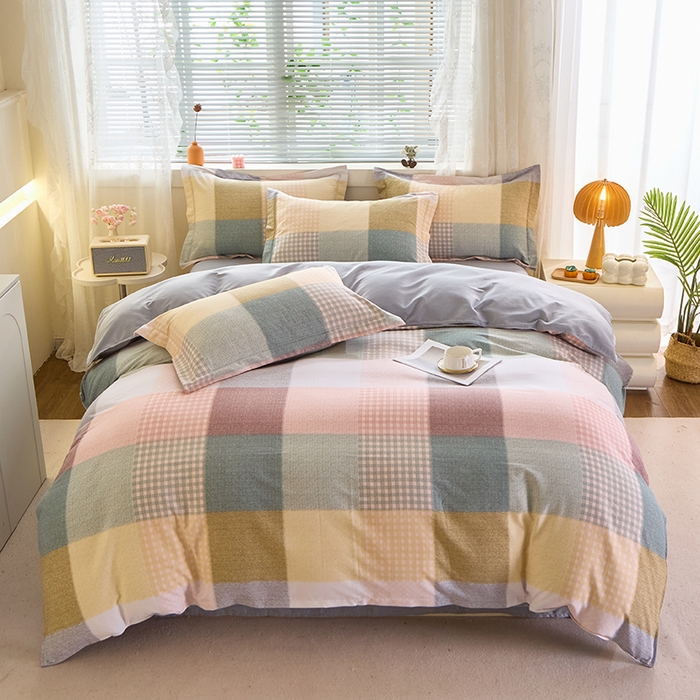 91家纺网 家纺一手货源 找家纺 牧笛缘家纺 2024新款全棉磨毛单被套 方格恋曲