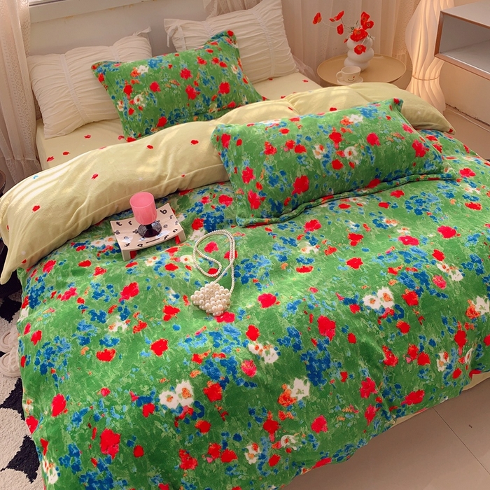 91家纺网 家纺一手货源 找家纺 莱豫家纺 2024新款牛奶绒印花四件套 绿野仙踪绿