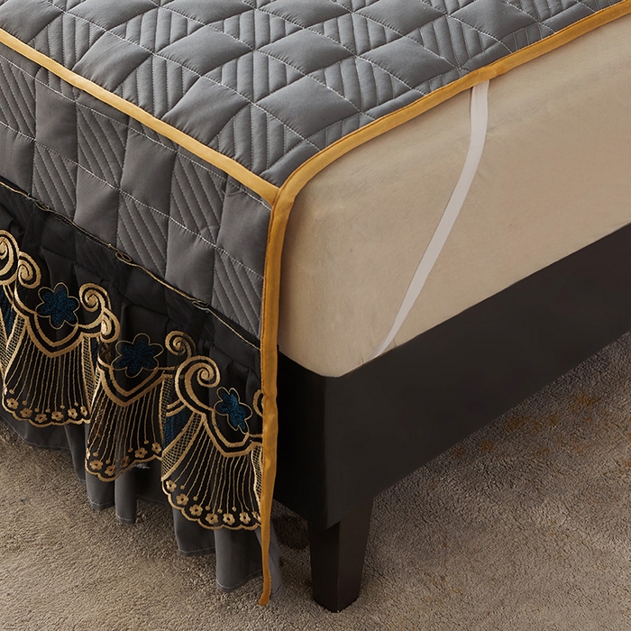 91家纺网 家纺一手货源 找家纺 锦逸家居 2024新款加厚磨毛轻奢夹棉床裙床笠三件套系列 佳人-高级灰