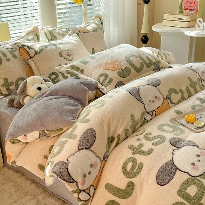 91家纺网 家纺一手货源 找家纺 妖妖家纺 2024新款加厚雪花绒印花单品三件套四件套 可爱俏耳狗