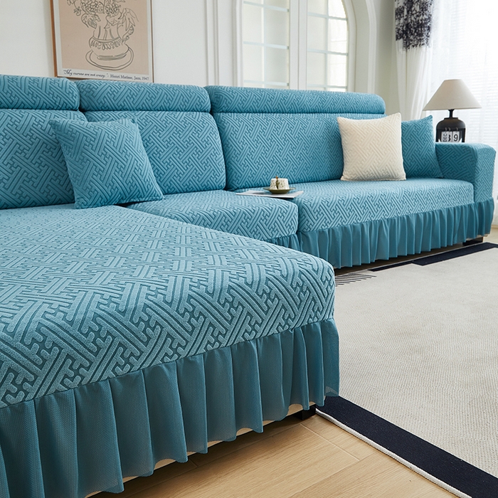 91家纺网 家纺一手货源 找家纺 2024新款加厚高弹拉花绒全包防尘沙发套罩-清韵系列 海蓝