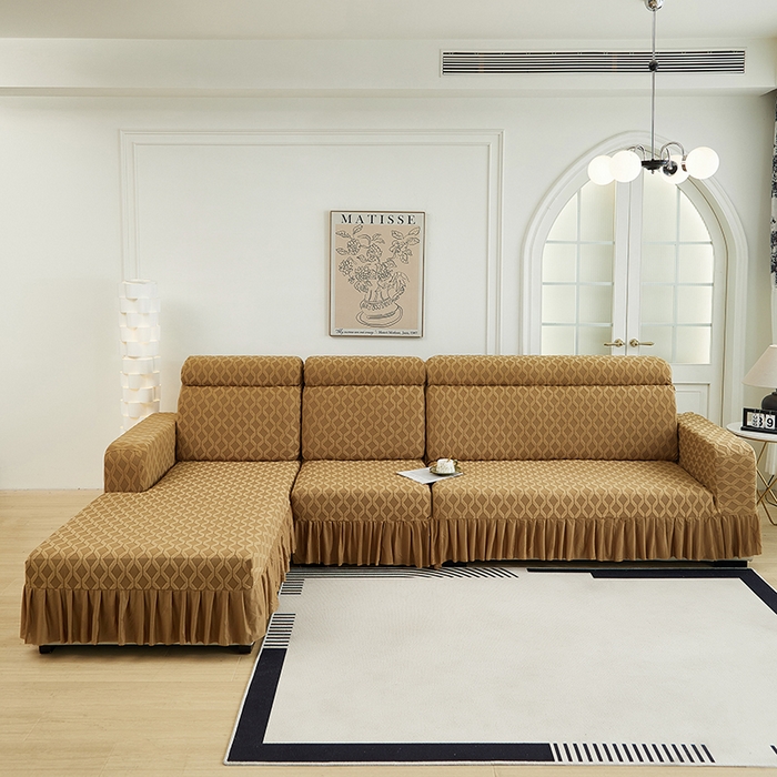 91家纺网 家纺一手货源 找家纺 2024新款加厚高弹拉花绒全包防尘沙发套罩-菱形格系列 咖色