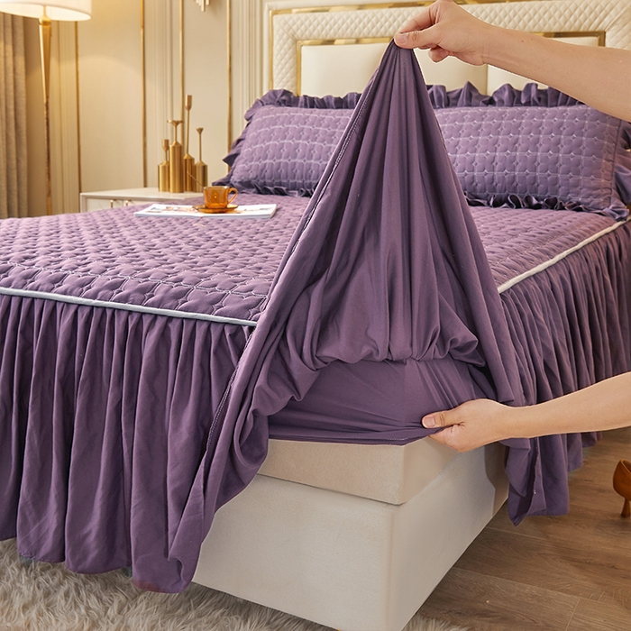 91家纺网 家纺一手货源 找家纺 锦逸家居 2024新款可拆卸包边夹棉磨毛花边两用床裙床笠两用-优雅 优雅-梦幻紫