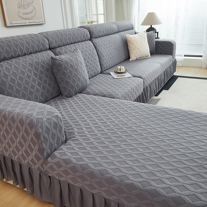 91家纺网 家纺一手货源 找家纺 2024新款加厚高弹拉花绒全包防尘沙发套罩-菱形格系列 深灰