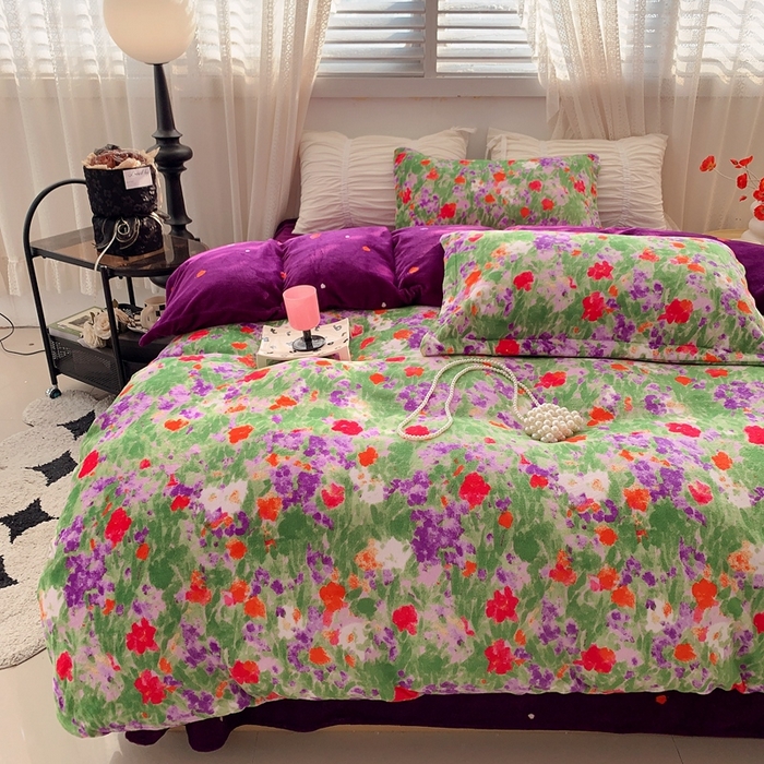 91家纺网 家纺一手货源 找家纺 莱豫家纺 2024新款牛奶绒印花四件套 绿野仙踪紫