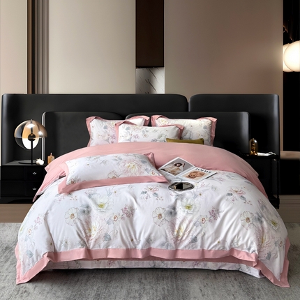 朵希曼 2026新款全棉大宽边拼角磨毛四件套 回眸一笑米