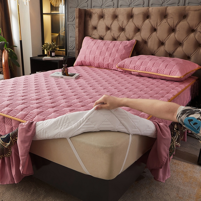 91家纺网 家纺一手货源 找家纺 锦逸家居 2024新款加厚磨毛轻奢夹棉床裙床笠三件套系列 佳人-豆沙粉