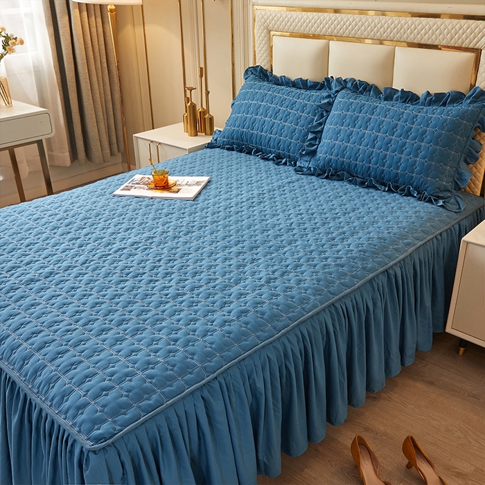 91家纺网 家纺一手货源 找家纺 锦逸家居 2024新款可拆卸包边夹棉磨毛花边两用床裙床笠两用-优雅 优雅-雾霾蓝