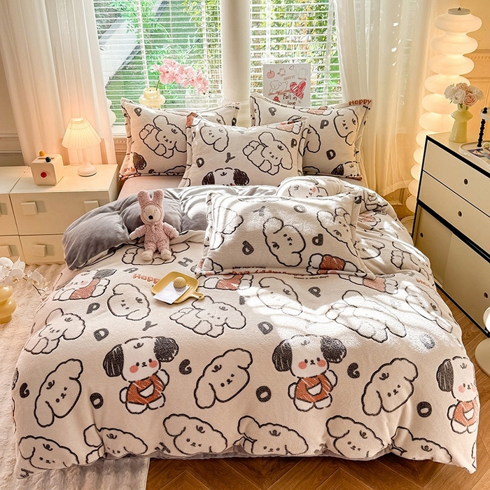 91家纺网 家纺一手货源 找家纺 妖妖家纺 2024新款加厚雪花绒印花单品三件套四件套 软萌狗狗