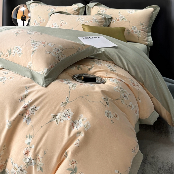 91家纺网 家纺一手货源 找家纺 朵希曼 2026新款全棉大宽边拼角磨毛四件套 朵缇桔