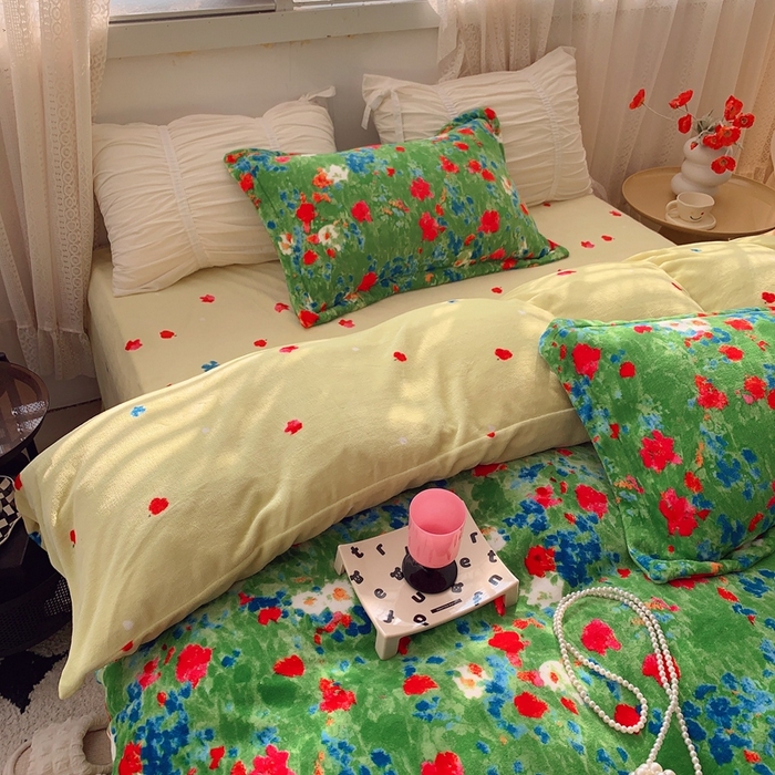 91家纺网 家纺一手货源 找家纺 莱豫家纺 2024新款牛奶绒印花四件套 绿野仙踪绿