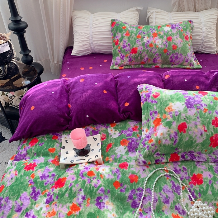 91家纺网 家纺一手货源 找家纺 莱豫家纺 2024新款牛奶绒印花四件套 绿野仙踪紫