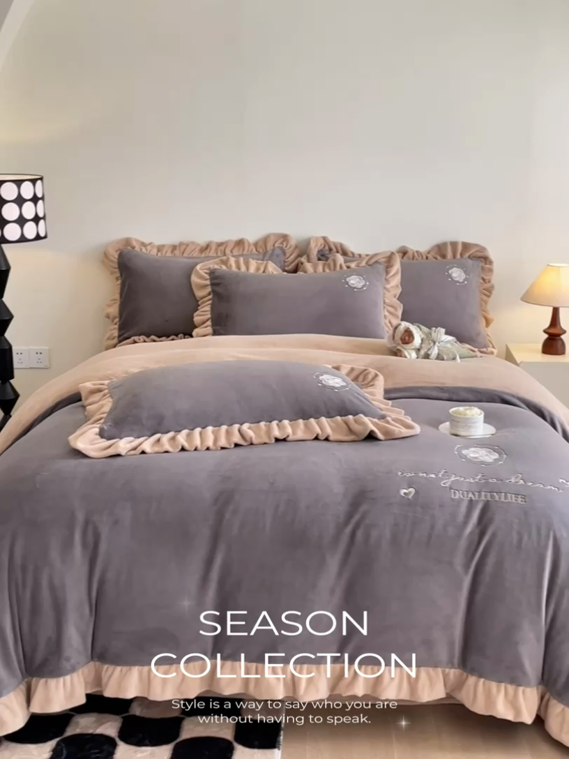 91家纺网 家纺一手货源 找家纺 露梦家纺 2025新款A类双面木耳花边加厚保暖牛奶绒刺绣款四件套-繁花系列（提供买家秀） 繁花-高级灰