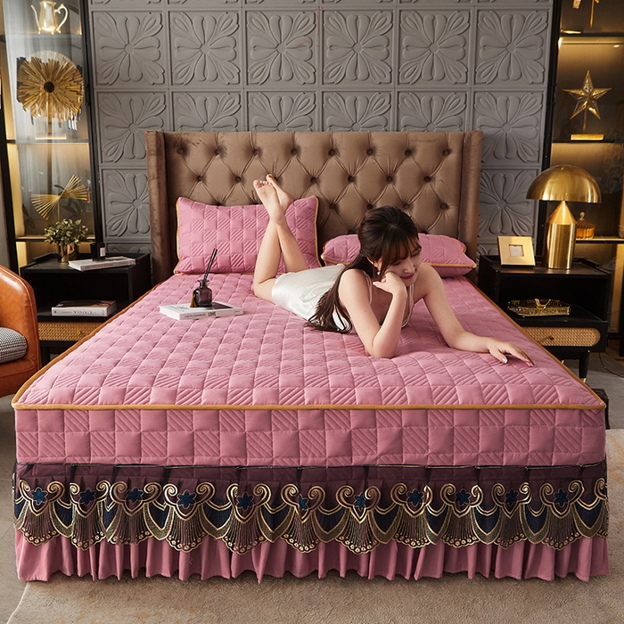 91家纺网 家纺一手货源 找家纺 锦逸家居 2024新款加厚磨毛轻奢夹棉床裙床笠三件套系列 佳人-豆沙粉