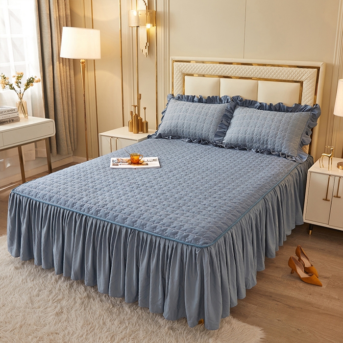 91家纺网 家纺一手货源 找家纺 锦逸家居 2024新款可拆卸包边夹棉磨毛花边两用床裙床笠两用-优雅 优雅-蓝灰