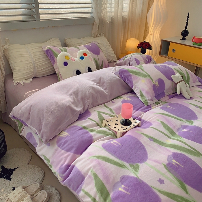 91家纺网 家纺一手货源 找家纺 莱豫家纺 2024新款牛奶绒印花四件套 郁金香紫