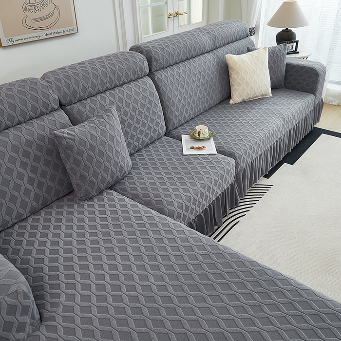 91家纺网 家纺一手货源 找家纺 2024新款加厚高弹拉花绒全包防尘沙发套罩-菱形格系列 深灰