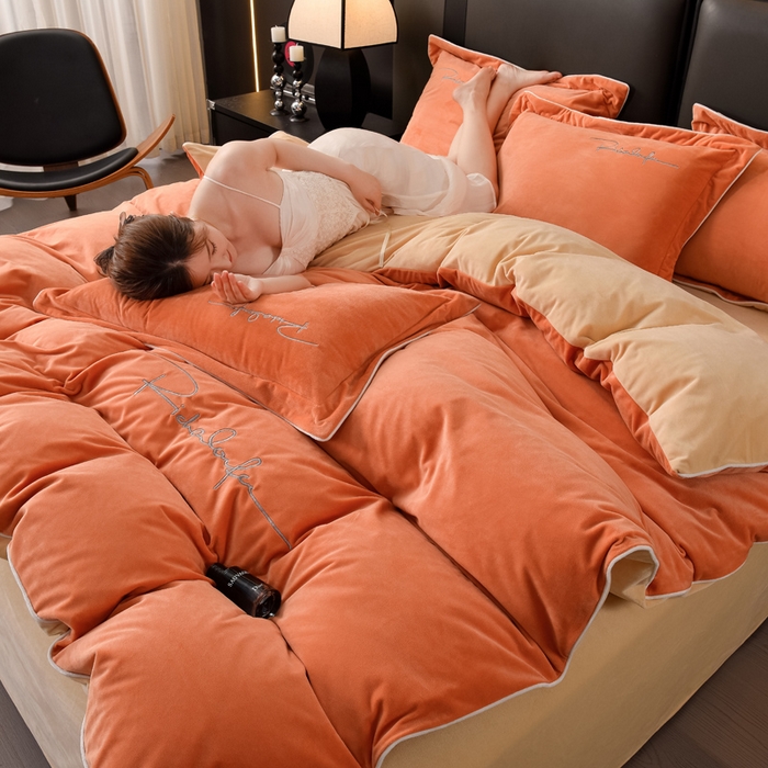 91家纺网 家纺一手货源 找家纺 2024新款A类加厚保暖婴儿绒四件套-洛伊系列 珍珠橙+轻奢黄