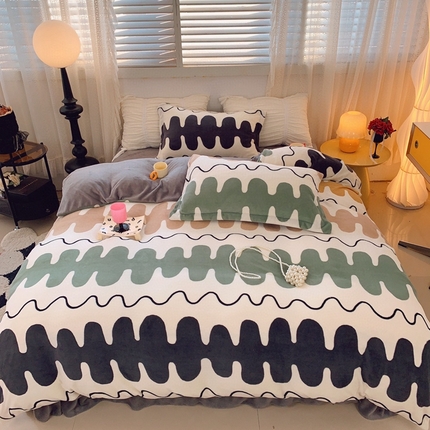 91家纺网 家纺一手货源 找家纺 莱豫家纺 2024新款牛奶绒印花四件套 彩色鱼骨