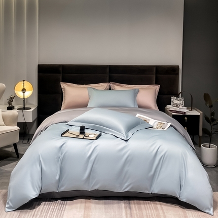 91家纺网 家纺一手货源 找家纺 秀色2025新款50支贡缎纯色双拼四件套长绒棉套件单被套 郁兰+典雅灰