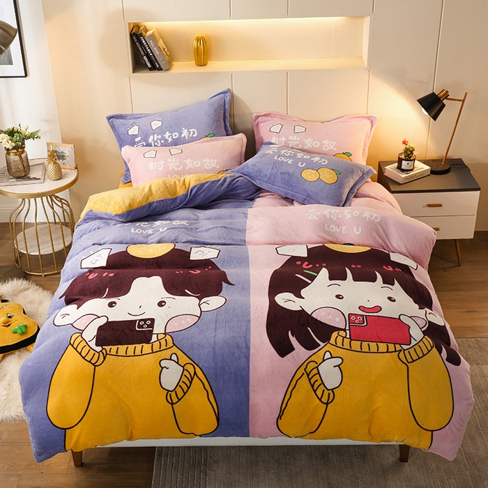 91家纺网 家纺一手货源 找家纺 凡客 2024新款牛奶绒大版印花四件套 初恋