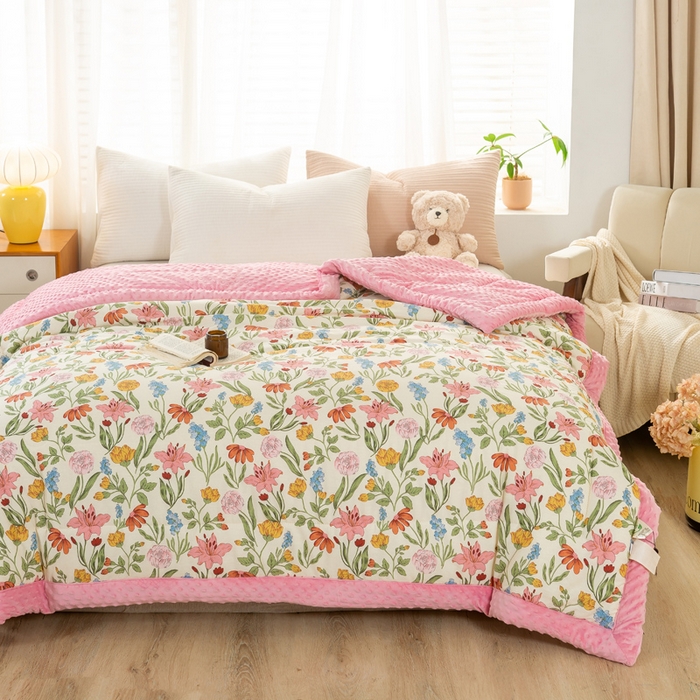 91家纺网 家纺一手货源 找家纺 锦鹭被业  2025款A类全棉纯棉豆豆被春秋空调夏凉加厚冬被子一览芳华-粉