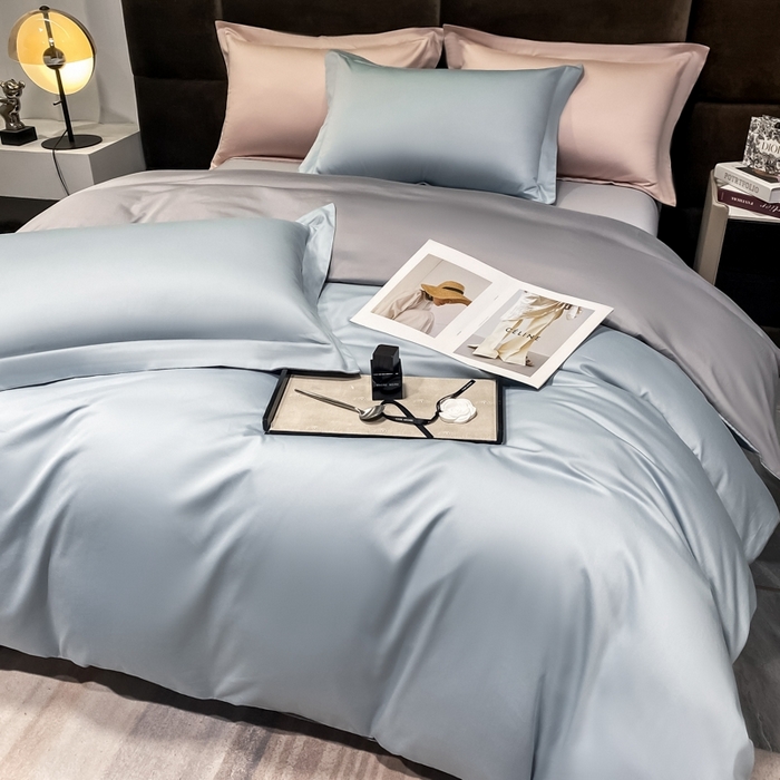 91家纺网 家纺一手货源 找家纺 秀色2025新款50支贡缎纯色双拼四件套长绒棉套件单被套 郁兰+典雅灰