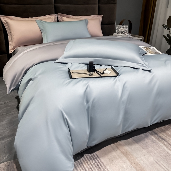 91家纺网 家纺一手货源 找家纺 秀色2025新款50支贡缎纯色双拼四件套长绒棉套件单被套 郁兰+典雅灰