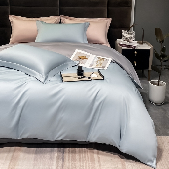 91家纺网 家纺一手货源 找家纺 秀色2025新款50支贡缎纯色双拼四件套长绒棉套件单被套 郁兰+典雅灰