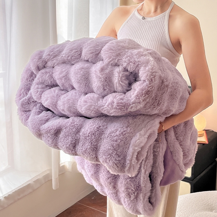91家纺网 家纺一手货源 找家纺 2024新款A类法式高克重兔绒多功能毛毯被套双用盖毯 香芋紫-毛毯